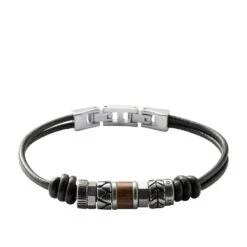 Fossil - Gt Bracelet Black Leather Steel Wood Fossil Gt Bracelet Black Leather Steel Wood